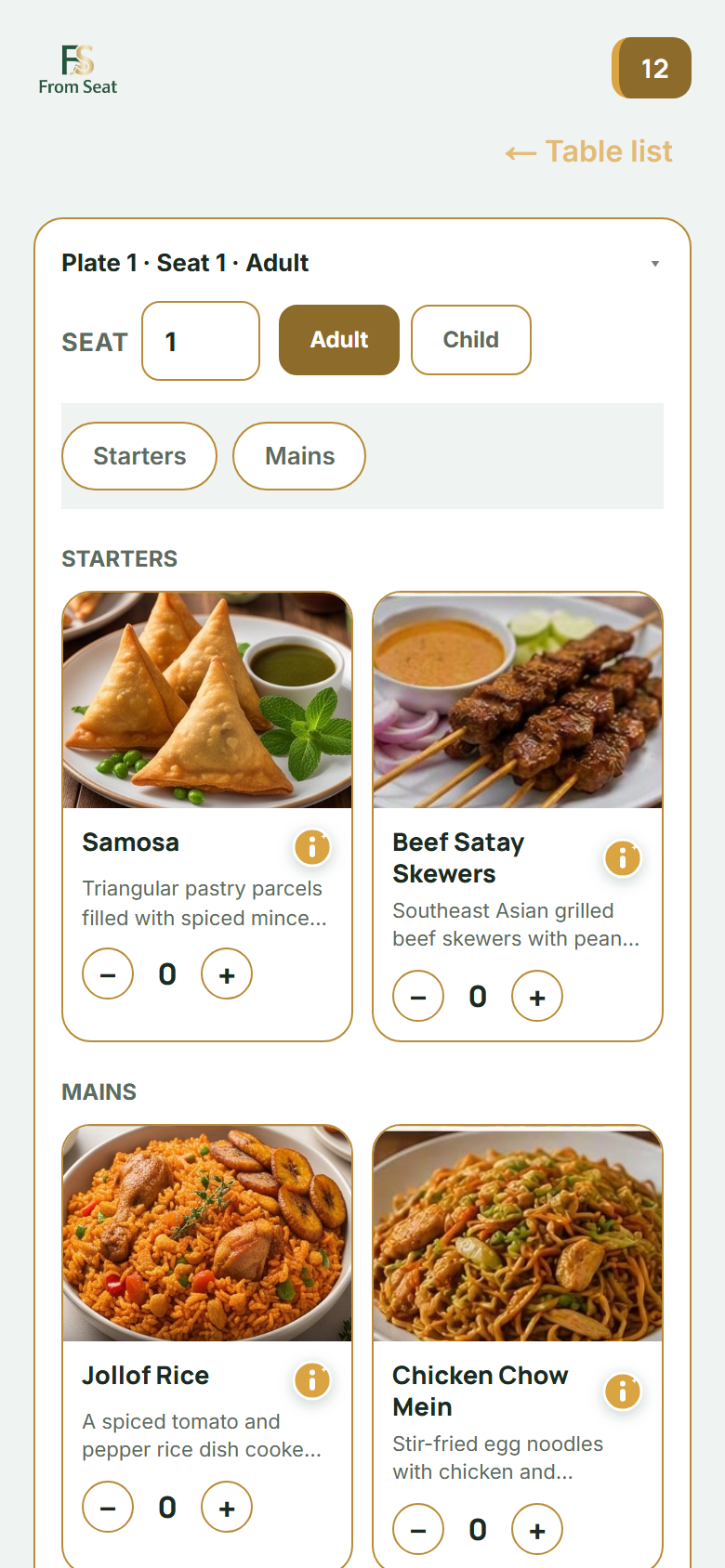 The FromSeat guest ordering screen, showing a table's menu and an order in progress